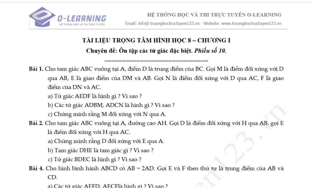Toán 8. Tài liệu Hình học Trọng tâm  Chương 1. Phiếu 10 Chuyên đề: Ôn tập tứ giác đặc biệt